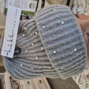 Nicole Miller New York Rhinestone Grey Winter Beanie Hat OS Nwt